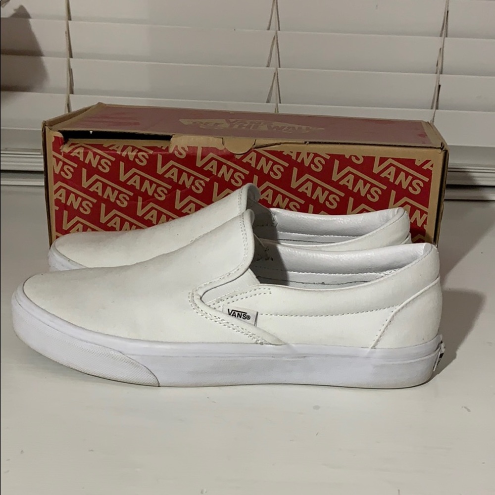 White slip on vans, white